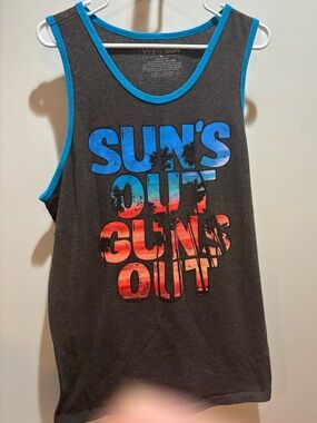Suns out guns out  Charcoal Tank with Bright Blue Trim